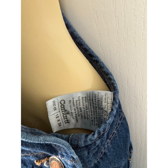 Carhartt 12x34 Denim Blue Jean Work Bib Carpenter Overalls WR007 HDK 6956 - Picture 3 of 9
